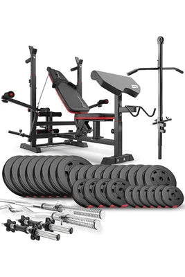 Conjunto de banco de musculação Hop-Sport com halteres de 165 kg e banco de musculação multifuncional HS-1075, apoio para rosca bíceps, aparelho para exercícios de borboleta e polia alta.