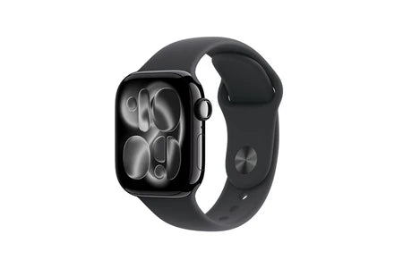 Apple Watch Series 11 GPS, caixa de alumínio preto brilhante de 42 mm com bracelete desportiva preta - Tamanhos S/M