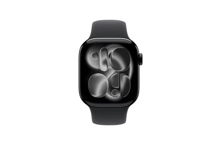 Apple Watch Series 11 GPS, caixa de alumínio preto brilhante de 42 mm com bracelete desportiva preta - Tamanhos S/M