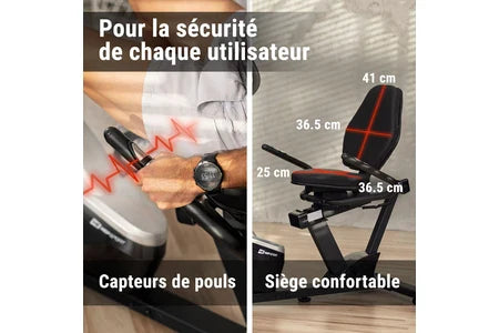 Bicicleta de exercício semi-reclinada Hop-Sport HS-060L Pulse, modelo vertical com encosto, 8 níveis de resistência magnética, volante de 15 kg e ecrã LCD.