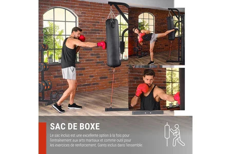 Estação de Musculação Multifunções Hop-Sport HS-1054K, 3 Estações + 72 kg, Saco de Pancada, Luvas de Boxe, Módulo Borboleta, Barra